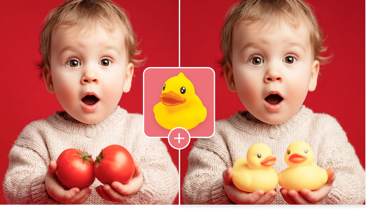 before and after comparison photos of replacing two tomatoes to toy ducks on a baby's hand